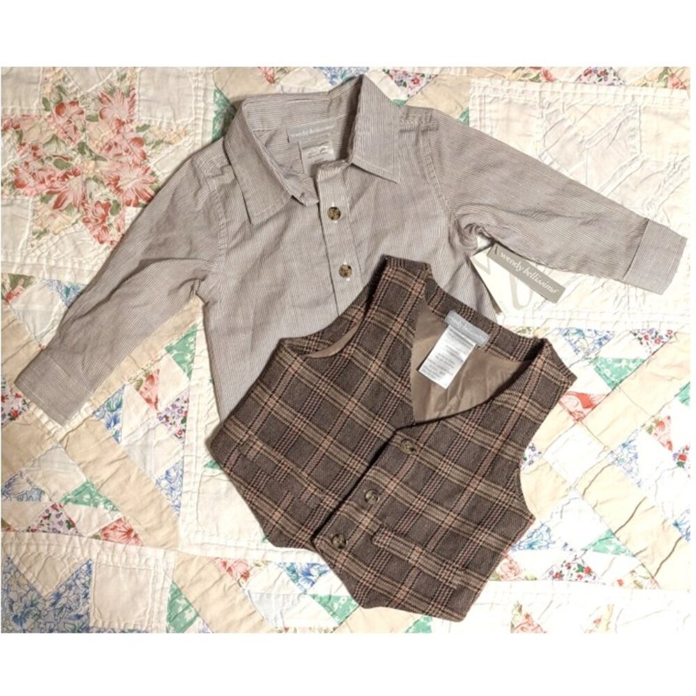 Wendy Bellissimo Boys Shirt Vest Set Size 12 Months Striped Plaid Cotton NEW